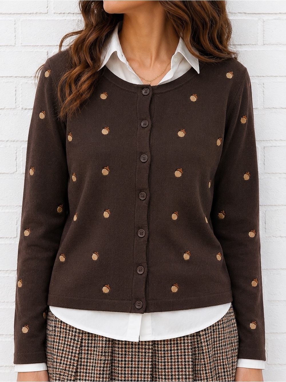Vintage Baxter & Wells Brown Acorn Embroidered Cotton Cardigan Petite M